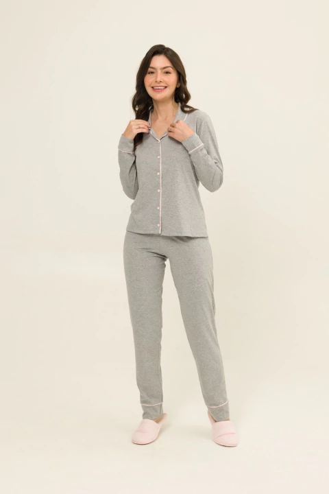 Pijama Feminino Com Botões Manga Longa Aericano Gray Basics - comprar online