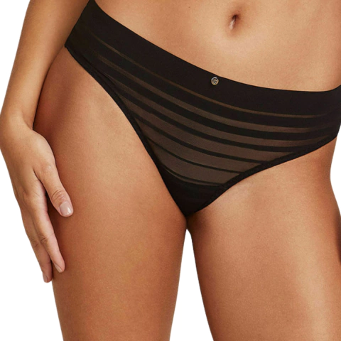 Calcinha Laterais Largas Em Tule Listrado E Microfibra