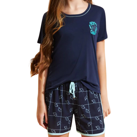 Pijama Familia Feminino Infantil De Microfibra Azul Sideral C/Est. Puzzle V25 6 - comprar online