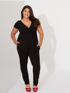 Macacão plus size gestante e amamentação com laço manga princesa possui forro - Dona Maternidade