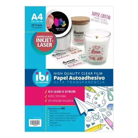 PAPEL FOTOGRAFICO AUTOADHESIVO TRANSPARENTE A4 150GR X20hjs - IBI CRAFT