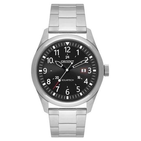 Relógio masculino prateado com mostrador preto e números brancos. Acessório masculino com calendário e pulseira prateada da marca Orient.