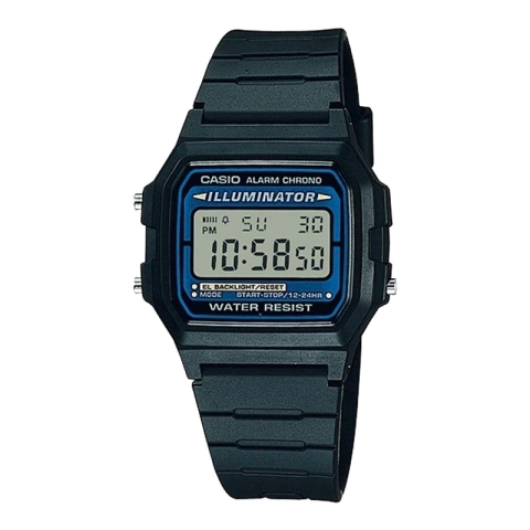 Relógio digital Casio F-105W-1ADF com pulseira preta e display iluminador azul e verde