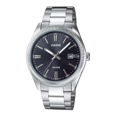Relógio casual masculino de pulso da Casio de referência MTP-1302PD-1A1V modelo prateado com mostrador preto lançamento de 2025 estilo Riviera com aro externo corrugado e calendário na posição de número 3