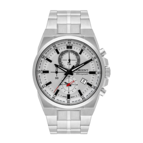 Relógio orient com caixa de tissot prx, relógio prateado de pulso masculino com fundo branco e funções de cronógrafo