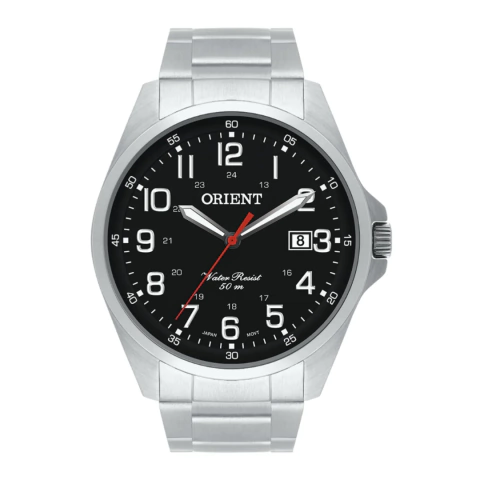 Relógio Orient MBSS1171 P2SX com fundo preto e mostrador analógico, detalhes em prata e ponteiro vermelho