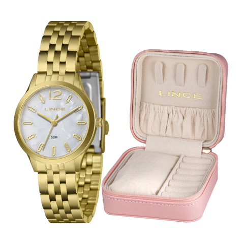 Relógio Lince Dourado Feminino Fundo Madrepérola Kit Caixa LRGH226L32 B2KX - comprar online