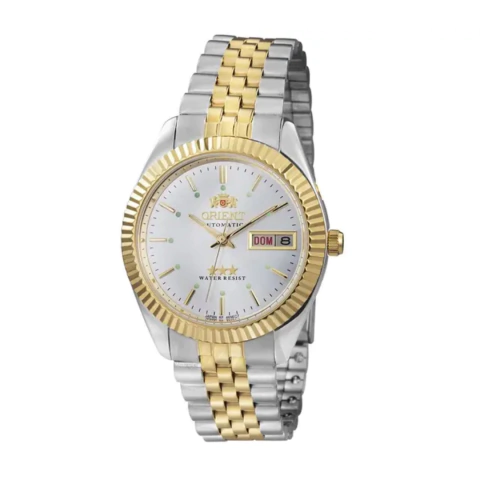Relógio Orient Automático Misto 469ED1F S1KS com mostrador branco, aro dourado e pulseira de aço inox prateada com detalhes dourados