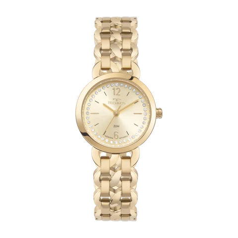 Technos feminino dourado com pedrinhas cravejadas no fundo do mostrador. Relógio de pulso de aço para mulheres com pulseira entrelaçada.