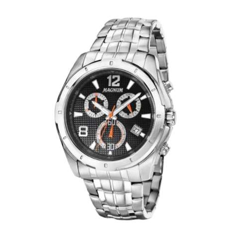 Relógio magnum de aço, foto de fundo branco mostrando o relógio masculino prateado com fundo preto e com funções de cronógrafo