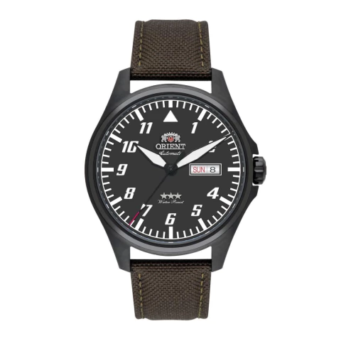 Relógio preto fosco com pulseira nato estilo militar masculino da marca Orient com fundo preto e todos os números e ponteiros na cor branca