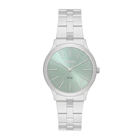 Relógio Feminino prateado com fundo verde claro