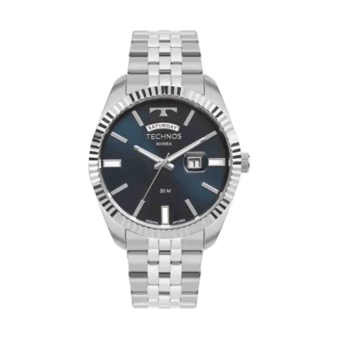 Technos Riviera com fundo azul aço inoxidável prateado