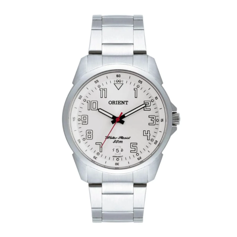 Relógio Orient Masculino Prateado MBSS1154A S2SX com mostrador branco e pulseira metálica prateada.