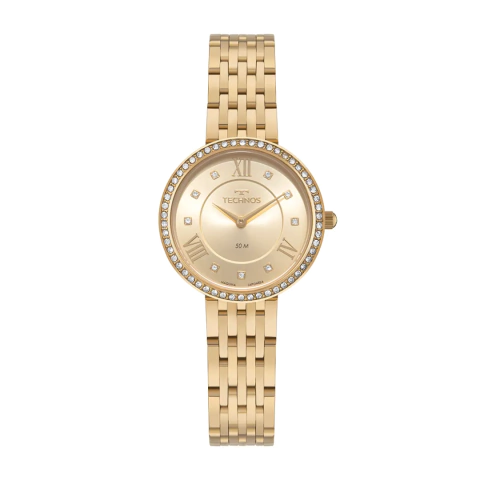 Relógio Technos dourado com números romanos feminino com aro externo cravejado