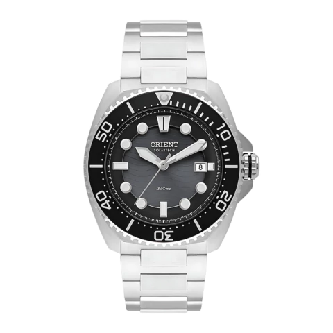 relógio de mergulho de pulso masculino, relógio prateado com bisel preto e mostrador em tons de preto e marcadores de hora bem robustos