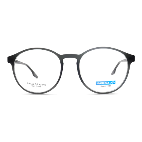 modelo de óculos redondo, armação acetato cinza redondo tamanho grande, foto com fundo branco mostrando a armação de frente