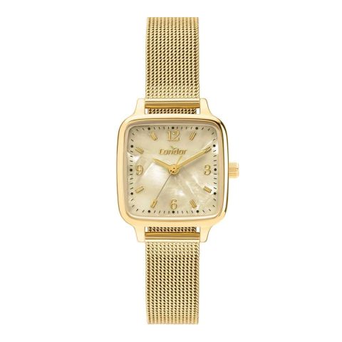 Relógio feminino quadrado da marca Condor, modelo CO2035NKB/4X, com mostrador dourado e pulseira de malha metálica.