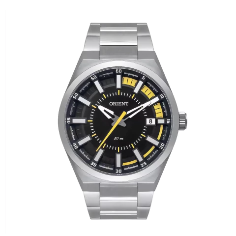 relógio masculino orient prateado da linha neo sports com mostrador preto e acabamento amarelo em alto relevo