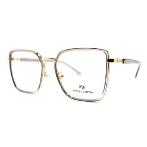 Foto da armação da marca morena rosa, óculos feminino quadrado transparente com detalhes em dourado