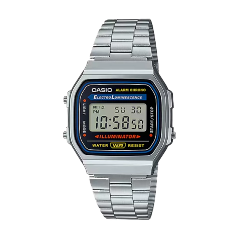 Relógio Casio Retro prateado modelo A168WA-1WDF com display digital e pulseira metálica