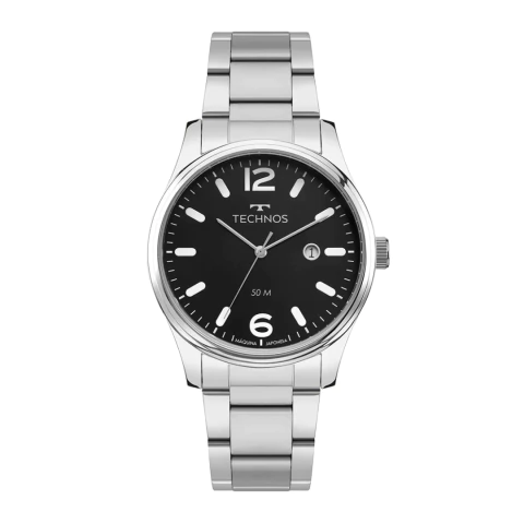 Relógio social da marca Technos todo em aço inoxidável prateado e mostrador preto. Foto com fundo branco, mostra em detalhes todo o relógio, inclusive os númerais brancos bem vistosos e de fácil leitura.