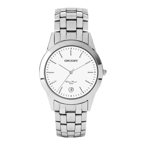 Relógio Unissex prateado tamanho menor da marca Orient de aço inoxidável prateado com fundo branco e marcadores de horas prateados. O ponteiro desse relógio de pulso também é prateado.