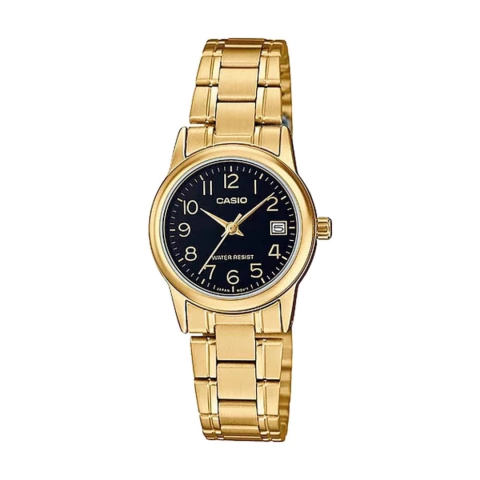relógio feminino dourado de pulso da marca Casio, relógio pequeno com mostrador preto, números dourados discretos e calendário na posição do número três