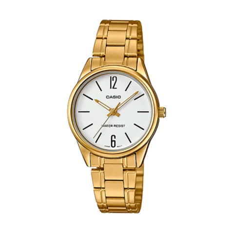 relógio clássico de pulso feminino da Casio dourado com mostrador branco