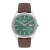 Relógio dress watch masculino da marca Orient com pulseira de couro marrom, caixa prateada e mostrador verde. Relógio de pulso da linha Eternal com mostrador verde e vidro muito resistente de cristal de safira