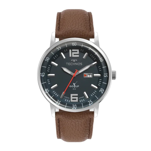 Relógio technos masculino estilo esporte fino com caixa de aço prateado e pulseira de couro marrom