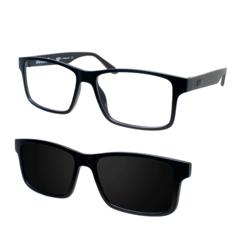 óculos xtreme double com clipon da marca XR, foto mostrando a armação de grau masculina e o acessório que vem junto