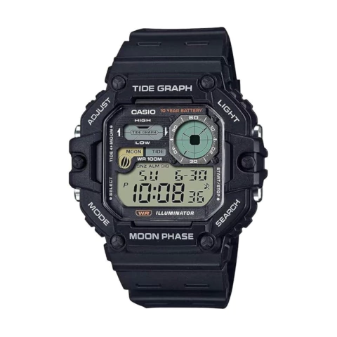 Relógio de pulso digital masculino da marca Casio com mostrador com várias funções, foto mostra em detalhes o visual deste relógio de resina em preto fosco