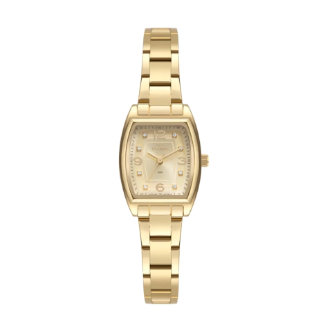 Relógio Technos feminino dourado com design quadrado e pulseira metálica.