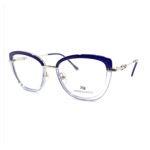 óculos de grau armação feminina transparente com detalhes em azul da marca morena rosa modelo mr110, foto com fundo branco de ecommerce