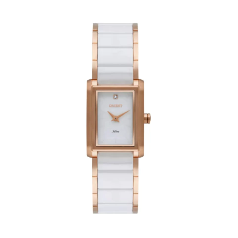 foto do relogio orient pulseira ceramica feminino relogio de pulso branco com detalhes em rose gold, relogio feminino quadrado