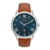 Relógio masculino estilo social com caixa prateada, mostrador azul e pulseira de couro marrom claro. Relógio de pulso tamanho 46 mm