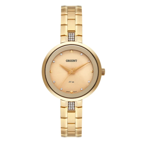 Relógio feminino dourado da Orient, modelo FGSS0164 C1KX, com mostrador em tom suave e detalhes em strass.