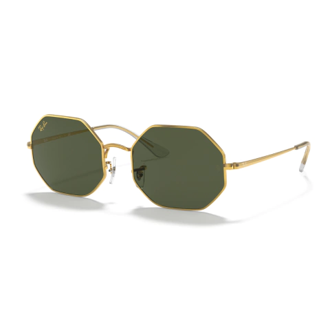 Solar de metal da Ray-Ban em formato octagonal e lentes G15 (lentes verdes). Óculos de sol de metal com armação dourada, foto de fundo branco mostrando em detalhes a peça de formato jovial e moderno!
