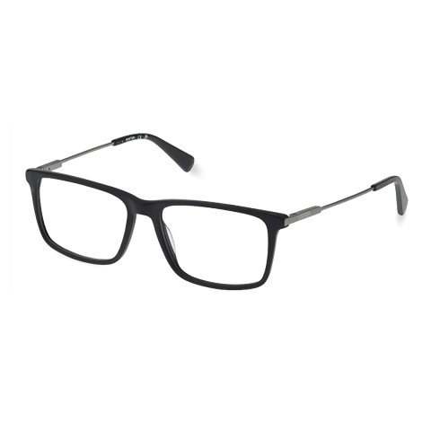 óculos de grau masculino elegante com frontal acetato preto fosco e hastes cinza de metal