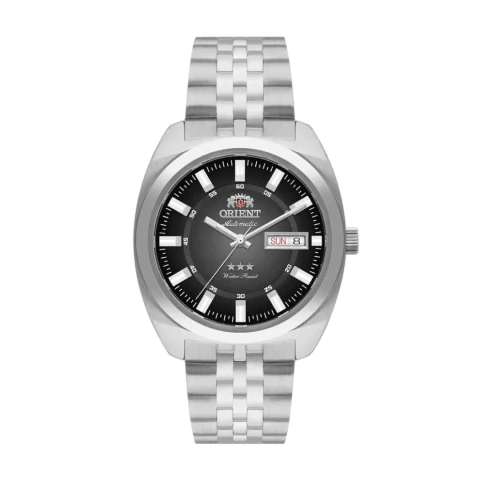 Relógio Masculino Heritage da Orient automático da linha Heritage Três Estrelas com fundo cinza e caixa e pulseira prateada