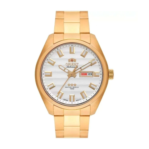 Relógio orient dourado automático com fundo branco e calendário. Relógio masculino com ponteiros brancos e dourados.