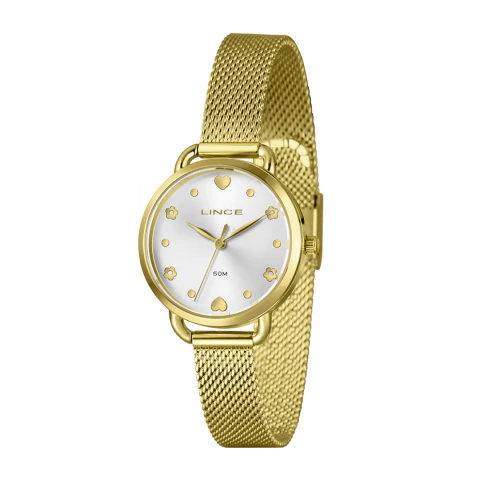 foto de ecommerce mostrando o relógio de pulso feminino dourado com fundo branco madrepérola