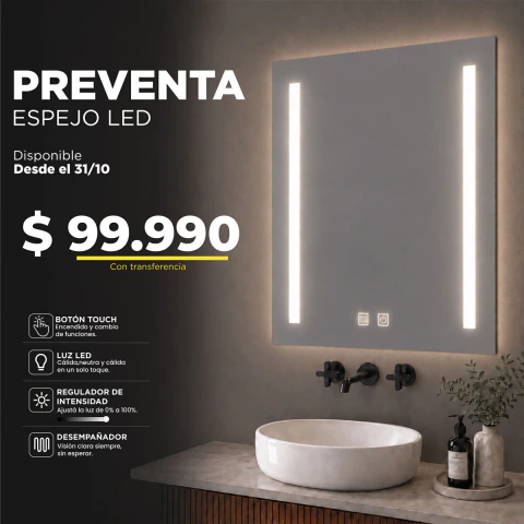 PREVENTA ESPEJO LED SMART RECTANGULAR 70X50CM TÁCTIL DIMERIZABLE 3 TONOS Y ANTIEMPAÑANTE IP44