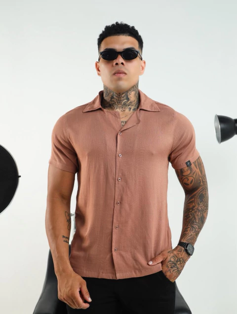 Camisa de Botão Slim no Viscolinho com Elastano - Marrom Café - comprar online
