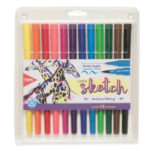 Caneta Sketch Ponta Dupla Superfina + Pincel 12 Cores - Tris