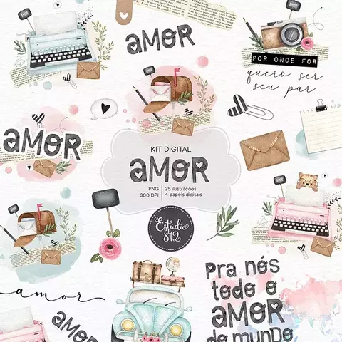 Kit Digital Aquarela Amor - Estudio812