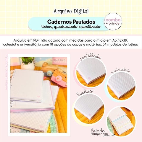Combo - Cadernos Pautados: linhas, pontilhado e quadriculado +BRINDE