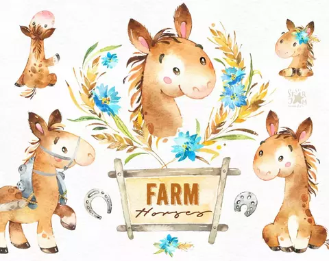 Kit Digital Clipart Country Cavalo em Aquarela