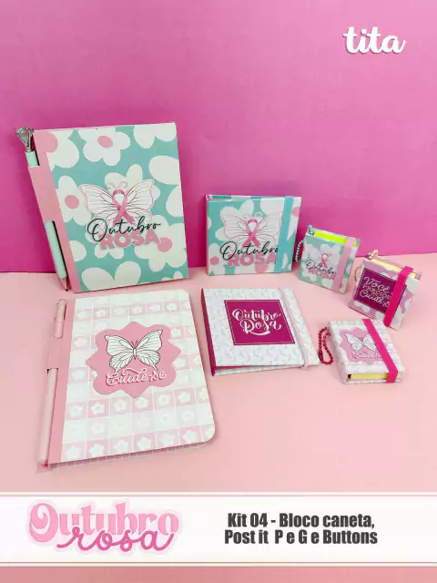 Outubro Rosa 2024 - Kit 04 - Bloco Caneta, Postit e Buttons